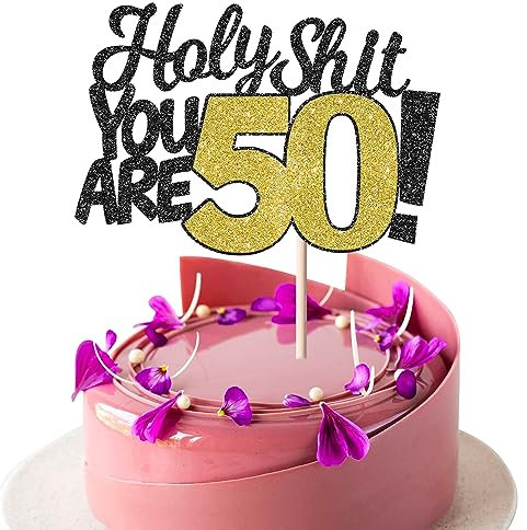 SYKYCTCY 1 Pack Holy Shit You are 50 Cake Topper Glitter Funny 50th Birthday Cake Pick for Happy 50th Cheers to 50 Years Old Birthday Party Cake Decorations Supplies
