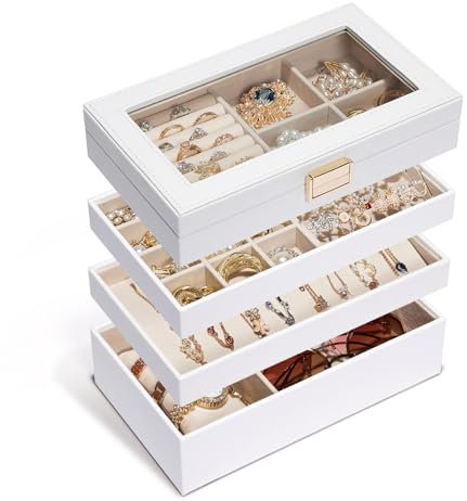 Seelux Schmuckablage, stapelbare Schmuckbox, Schubladen-Schmuckorganizer mit Glasdeckel, herausnehmbaren Trennwänden für die Schminktisch, Geschenkidee für Mädchen und Frauen (Weiß)