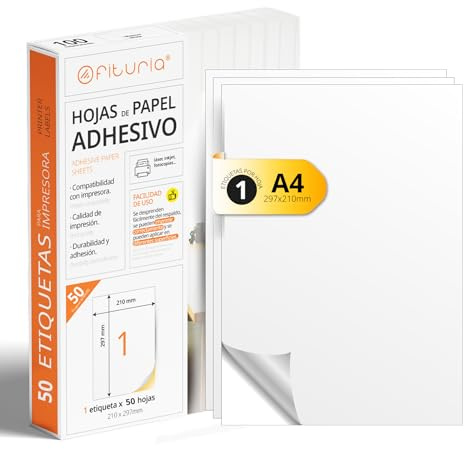 Etiquetas Adhesivas Blancas, Crea tus Pegatinas Personalizadas para cualquier Superficie, Papel A4 Adhesivo Seguro, Etiqueta Adhesiva para Imprimir - Ofituria (1 por hoja, 50h)