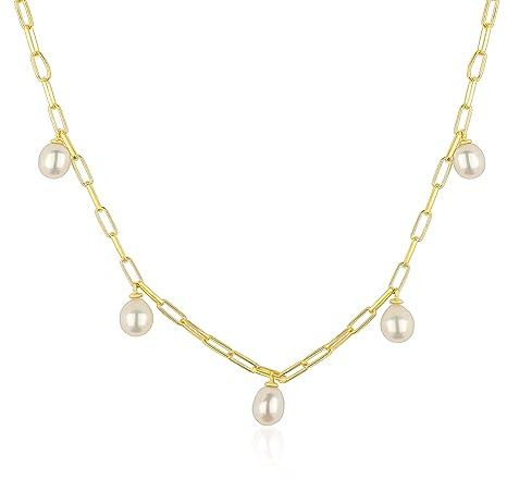 Mary & Jules Perlenkette Damen Gold, Kette aus 925 Sterling Silber vergoldet mit echten Süßwasserperlen, Geschenk für Frauen & Mädchen, aus recyceltem Silber