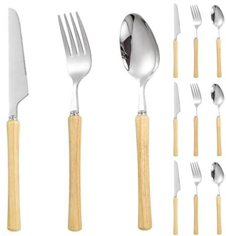 Manche En Poirier Cuisine Acier Inoxydable Argenterie Vaisselle Couverts Couverts Couteaux Fourchettes Cuillères Ensemble Couteau À Steak Cuillère À Dessert (Bois de frêne,12 pièces)