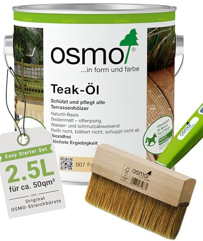 Osmo Terrassenöl Starter Set, 2,5 L Teak Öl natur 007 seidenmatt transparent, inkl. 150 mm Streichbürste mit Handgriff, Holzschutz außen, UV-beständig, offenporig, pflegend