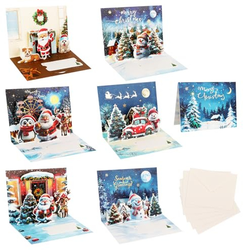 DERAYEE 3D Pop up Weihnachtskarte, 6 Stück Weihnachtskarte mit Umschlag,Grußkarte,Weihnachtskarten, Kinder,Freunde,Damen