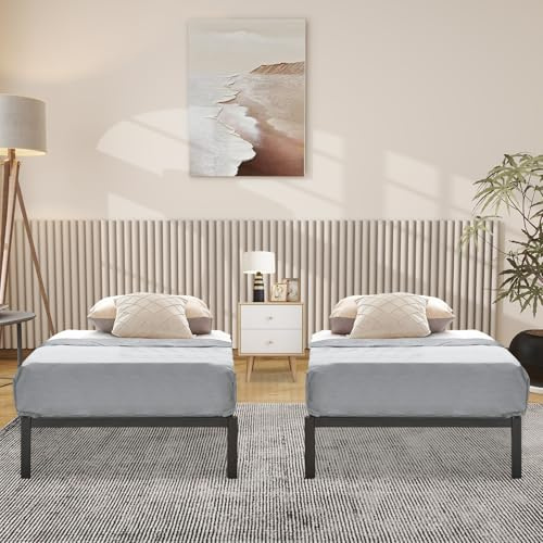 FetiNes Uppsättning av 2 sängramar, enkelsäng, 90 x 190 cm, plattformssängram, metallsäng, modern sängram, ungdomssäng, med ribbotten, svart, lätt montering