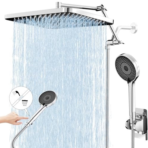 13 Rainfall Shower Head with Handheld Combo, Dual Waterfall Showerhead Button Switch by Handheld, Rain Shower head with 3-Modes Wand, Adjustable Extension Arm, 71 Inches Stainless Steel Hose(Chrome)