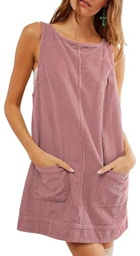 Haibang Vestito con Gilet Donna, Abito da Donna in Velluto A Coste, Mini Abito con Tasche, Vestito Elegante Autunno Inverno Linea Ad A, Rosa