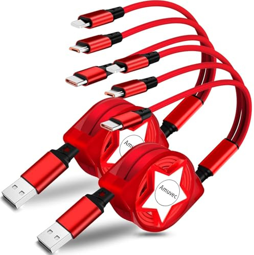 Amuvec Multi USB Mehrere Kabel [3A 1M 2Stück], 3 in 1 Einziehbares Universal Ladekabel mit 2*iP Typ C Micro USB Anschluss, für Phone, Samsung Galaxy S23 S21 S10, Huawei, LG, Xiaomi, Moto, Sony, PS5