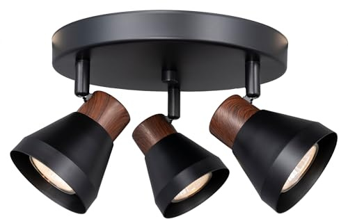 CRAFTRONOS 3-Light Modern Track Lighting Kit Black Faux Wood Accent,Adjustable GU10 Flush Mount Ceiling Fixture Pivot Multi-Directional Round Spotlight for Kitchen Bedroom Living Room Home Improvement