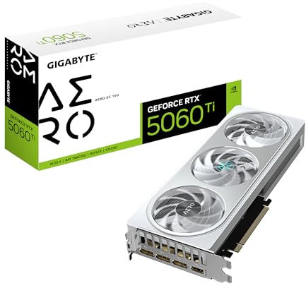 Gigabyte GeForce RTX 5060 Ti Aero OC 16G Carte Graphique – 16 Go GDDR7, 128 Bits, PCI-E 5.0, 2647MHz Fréquence du processeur, 3 x DisplayPort, 1 x HDMI, GV-N506TAERO OC-16GD