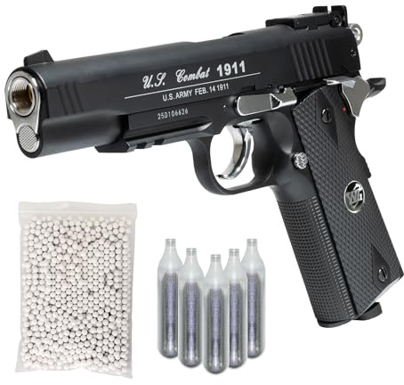 Pistola Softair WG Combat 1911 CO2 Full Metal, Pistola a Pallini Scarrellante con 10 Bombolette CO2, 1000 Pallini 6mm, Pistole Softair, Airsoft, colore nero