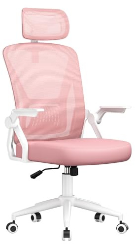 naspaluro Ergonomischer Bürostuhl, Schreibtischstuhl mit 90° Klappbaren Armlehnen, Einzigartige Lendenwirbelstütze, Verstellbare Kopfstütze, Atmungsaktive Mesh-Polsterung für das Heimbüro, Rosa