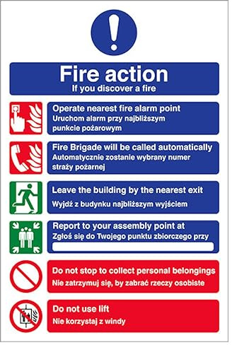 V Safety Englisch/Polnisch – Fire Action Hinweisschild, 150 x 200 mm, 2 mm, superrobuster, starrer Kunststoff