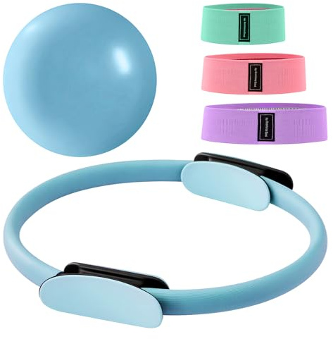 Trintion 14 Zoll Pilates Ring Set Magic Circle Mit Doppelt Gepolsterten Griffen 3 Widerstandsbändern (20/30/45 LBS) Rutschfestem Miniball Trainingsanleitung und Tragetasche (Blau)