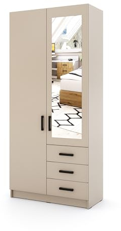 Marlux-Meble Kleiderschrank Sigma 90 cm breit mit Spiegel 2 Drehtüren und 3 Schubladen Korpus in Kaschmir Schlafzimmerschrank Kinderzimmerschrank (Türen-Kaschmir, Schubladen-Kaschmir)