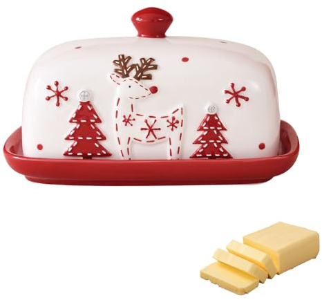 Butterdose Keramik mit Deckel, Hochwertige Butterdose Porzellan mit Roter Griff Weihnachtsmann Baum Elch Muster Dickwandiger Butterschale Weihnachten Butterbehälter Spülmaschinenfest (B, /)