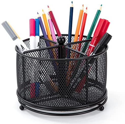 Songella Schreibtisch Organizer Drehbarer Stifthalter Multifunktions 360 Grad Drehbar Stiftköcher mit 4 Fächer Groß Kapazität für Büromaterial Make-up Pinselhalter Schwarz