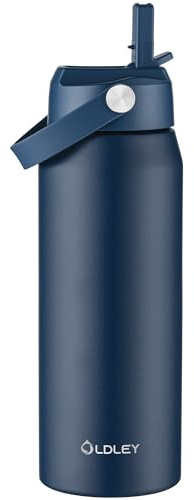 OLDLEY 750ml Insulated Water Bottle with Straw, Stainless Steel Water Bottles with Handle, Leakproof BPA Free Vacuum Metal Flask Keep Hot and Cold for Sports, Travel, Hiking (Navy Blue)