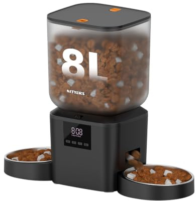 Automatisk kattmatare för 2 katter – 8 l/34 koppar dubbelautomatisk hundmatare med hundmatdispenser för 2–18 mm torrmat, tidsinställd kattmatautomat, upp till 50 portioner 6 måltider per dag, 10-tal