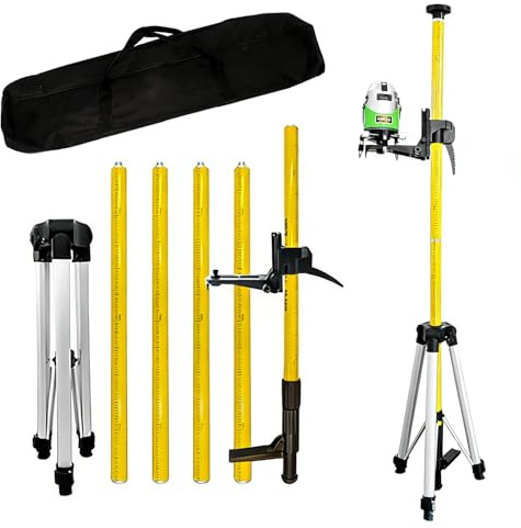 Trepied Niveau Laser，Tige Telescopique Niveau Laser de 4.2 m avec Trépied, Support de Niveau Laser pour Lasers Rotatifs et Lasers, Support Laser 1/4“ x 20” et Adaptateur Fileté 5/8-11 (4.2m)