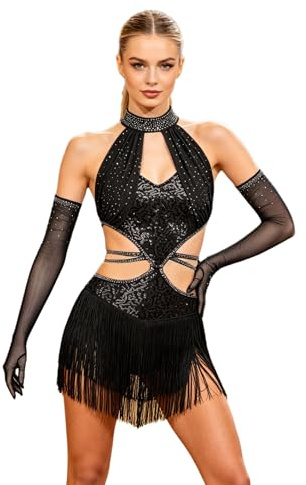 Miaeowve Jazz danskostym, damer, latinamerikanska dansklänningar, ärmlösa fransar, Charleston-klänning, paljetter, strass, glitter, fransklänning, klänning med handskar, svart, S