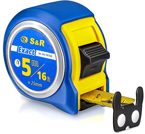 S&R Måttband 5 m METRISK och INCH 5m / 16 ft, band 25 mm, rullmeter med nitad MAGNET-krok Måttband nylonbelagt, slagtåligt rullmeterhölje