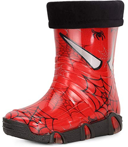 Ladeheid Botas de Agua forradas unisex para Niños Zapatos resistentes al agua Botas de goma Calzado de lluvia para niños y niñas Swk39 (Rojo Arañas 39, 25/26 EU)