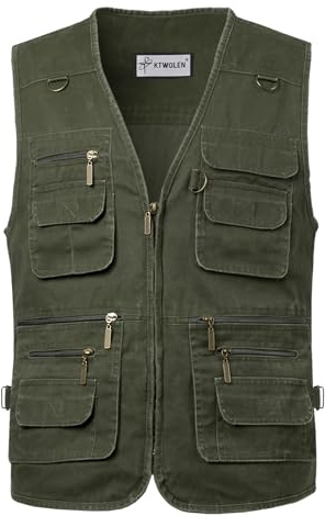 KTWOLEN Mens Fishing Gilet Waistcoat Safari Multi Pocket Dog Training Vest Hunting Hiking Vest Sleeveless Jacket Outdoor Photography Gilet, Green, 3XL