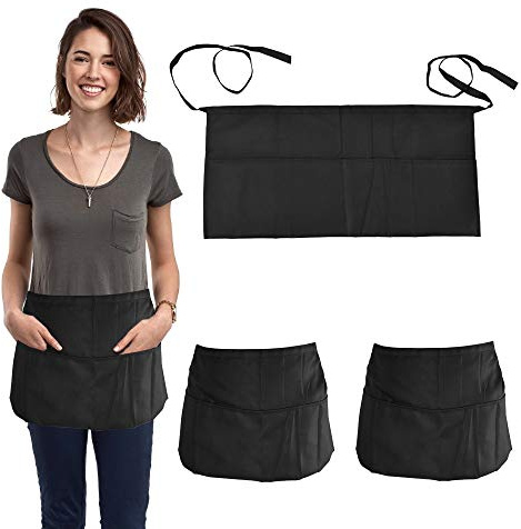 Favengo 3 Stück Vorbinder Schürze Schwarz Kellnerschürzen Kochschürze mit 3 Taschen Taillen Schürze Küchenschürzen Backschürze Grillschürze Bistroschürze für Frauen Männer Chef Kellner (Black/3pcs) | Für Damen und Herren, 80 cm, mit 3 Schürzen, für Kellner, Koch, Gastronomie, Küche