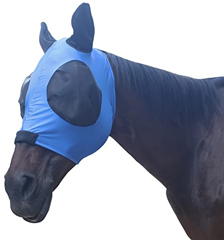 Leberna - Suave máscara de licra para caballos, máscara de malla para protegerlos de las moscas y de los rayos UV, con protección para los orejas (azul, para mazorca)