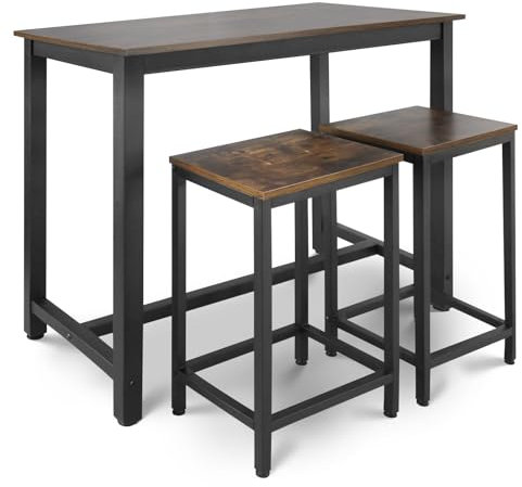 MIADOMODO® Stehtisch Set – 120x60x90 cm, mit 2 Barhockern, Metallgestell, Vintagebraun/Schwarz, MDF, Industrie Design-Tresentisch, Bistrotisch, Küchentresen, Bartisch, Rustikales, Küchentisch