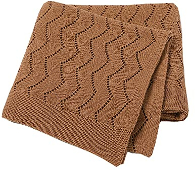 Surwin Strickdecke Babydecke Kuscheldecke Baumwolle, Mädchen und Jungen Babys Gestrickt Kinderdecke Freien Krabbeldecke Perfekt für Kinderwagen Babybett (80x100cm,Wellenbraun)