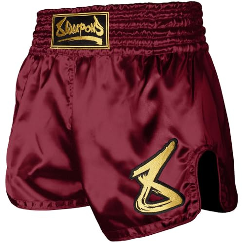 8 WEAPONS Muay Thai Shorts Strike, Weinrot, Größe S, Kickboxhose für Training & Wettkampf, Thaibox Shorts Satin, Atmungsaktiv, Langlebig, Kampfsporthose für MMA, K1, Boxen, Thai Boxen
