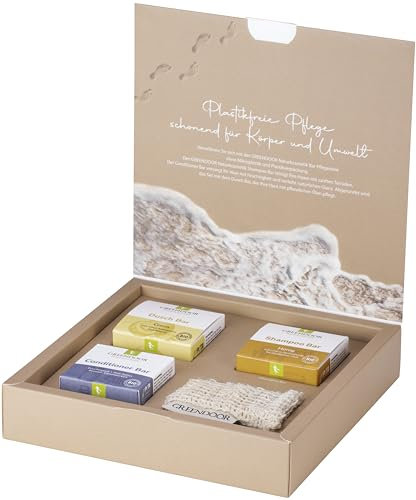 GREENDOOR Geschenk Set Solid Bar HARMONY, Naturkosmetik Shampoo Bar + Dusch Bar + Conditioner Bar + Natur Sisal Säckchen, natürlich plastikfrei, Geschenke für Damen
