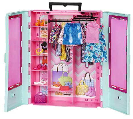 Barbie Kleiderschrank mit Kleidung und Accessoires, Garderobenschrank mit Falttüren und Tragegriff, Puppen Nicht enthalten, Geschenk für Kinder, Spielzeug ab 3 Jahre, HKR92