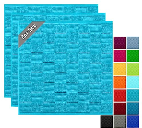 Lashuma Geschirrtücher 50x50, 2 in 1 aus Waffelpiqué und Frottee Aquamarin | 100% Baumwolle in schwerer 420 gsm Qualität, saugstarke Abtrockentücher im 3er Set für Geschirr und Hände