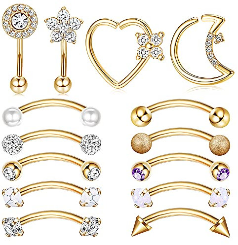 Kakonia 14stk Rook Daith Piercing Schmuck 16G Chirurgenstahl 8mm Curved Langhantel Augenbrauen Helix Tragus Snug Lip Bauchnabel Banane Herz Mond Ohr für Damen Herren