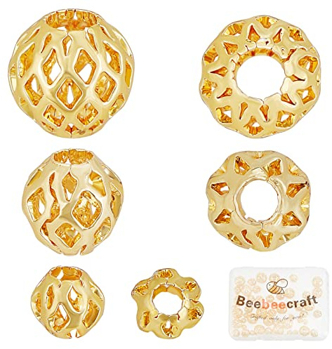 Beebeecraft 60 Stück Hohle Zwischenperlen 18K Vergoldetes Gold 4/6/8mm Runde Filigrane Lose Perlen Für DIY Handwerk Armbänder Halsketten Ohrringe Schmuckherstellung