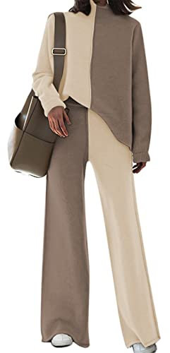 Linsery, Damen Zweiteiler, Strickset mit hochgeschlossenem Pullover und weiter Hose, bequemes Freizeit- und Lounge-Set, S
