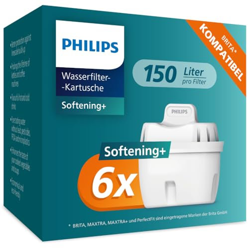 Philips Water Cartuchos de filtro de agua de repuesto Antical+, pack de 6 filtros, compatible con Brita, HASTA UN 50 % DE MAYOR REDUCCIÓN DE LA CAL