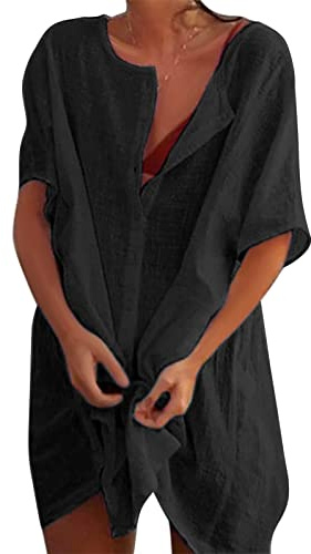 Svanco Dam Strandklänning Transparent Bomull Bikiniblus Täcker Lös Sommar Camisoler & Pareos Enfärgad Ledig Knapp Strandkläder Badkläder Pareos, svart, XL