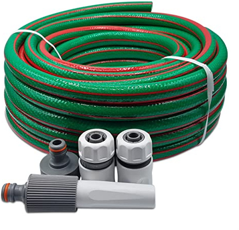MYPURECORE Garden Hose Set - Complete 4-Pc Starter Kit with Adjustable Nozzle, 3 Connectors for 1/2 & 5/8 Hoses, Female Thread Tap Adaptor - Durable 6-Layer PVC, Compatible with Hozelock (10M)