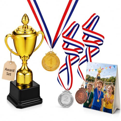 CLISPEED Pokal Pokal mit 3 Medaillen, aus Kunststoff, für Frühlingsfest, Karneval, Sport, Fußball, Basketball, Rugby, Wettbewerbe, Gewinnpreise, 11,9 x 22,9 cm, 12 Stück