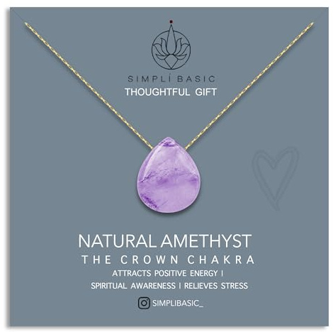 SIMPLÍ BASIC 18k Gold Plated Teardrop Amethyst Pendant Necklace/Gold Jewellery for Women/Natural Healing Stone Charm/Presented in Gift Box