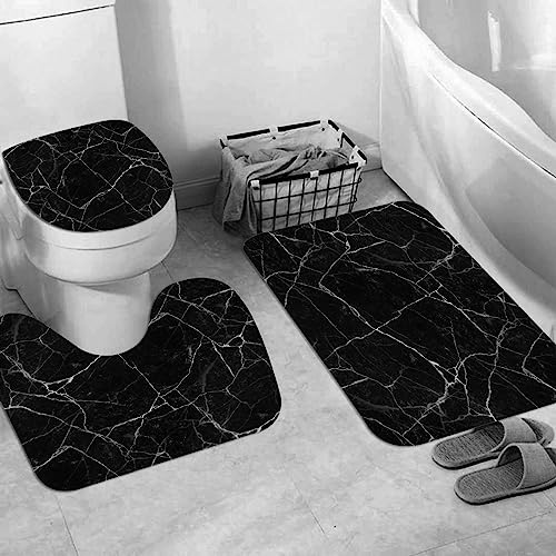EKSED Set di Tappetini da Bagno in 3 Pezzi,Sfondo nero in difficoltà Pietra di marmo incrinata,Tappetino da Bagno Assorbente Antiscivolo, Tappeto a Forma di U e Coperchio del WC Lavabile