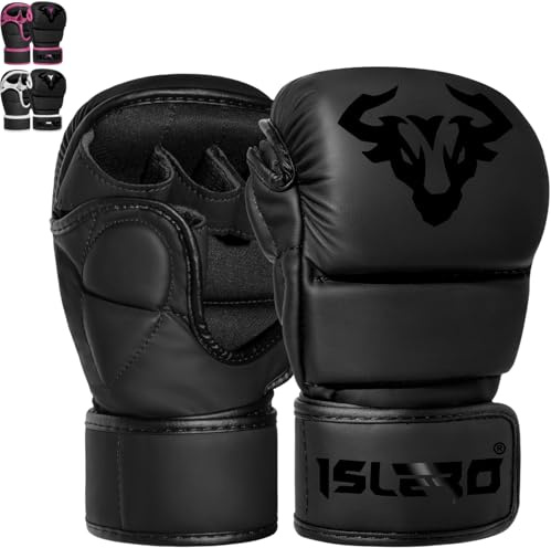 Islero Fitness Matte Black MMA Gloves Martial Arts Mitts Grappling Sparring Men Muay Thai Cage Fighting Boxing Combat Sports Women pink UFC Punching Bag Training (Black, Small)