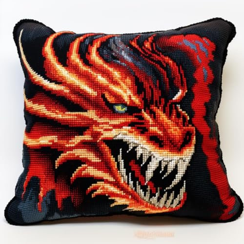 Taxpy Diy Knüpfkissen Mit Vordruck Fantasy Drache Geh?keltes Geschenk Tier Kreuzstich Sofa Kissenbezug Werkzeug Für Kinder Und Erwachsene 17X17In B