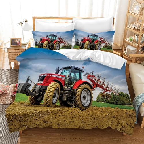 Leleyouzer 3D Traktor Bettwäsche,3-Teilig Traktor Kinder Bettwäsche-Set mit Reißverschluss und 2 Kissenbezug 50x75cm,für Kinder Jugendliche Jungen (T3, 135×200 cm)
