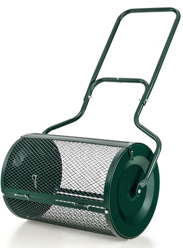 S AFSTAR 24-Inch Compost Spreader, Peat Moss Spreader with Upgrade Side Latches & U-Shape Handle, Metal Mesh Topdressing Roller for Topsoil, Fertilizer, Garden & Lawn Care Manure Spreader (Green)