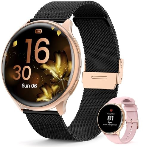 Loekneue Smartwatch Damen Rund mit Telefonfunktion 1,39'' HD Touchscreen Uhr mit /SpO2/Menstruationszyklus/Schlafmonitor/IP68 Wasserdichter/Schrittzähler/Fitness/für iOS Android Schwarz Gold