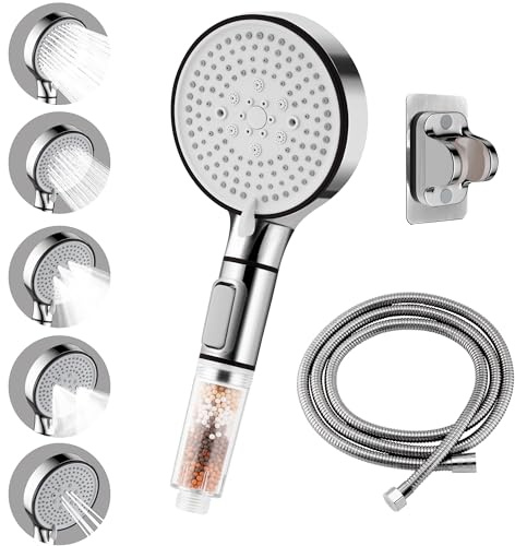 Ermwalr Pommeau de douche à eau dure, pommeau de douche à main à grand panneau haute pression avec 5 modes de pulvérisation et bouton d'arrêt marche/arrêt pour douche non électrique (argent)